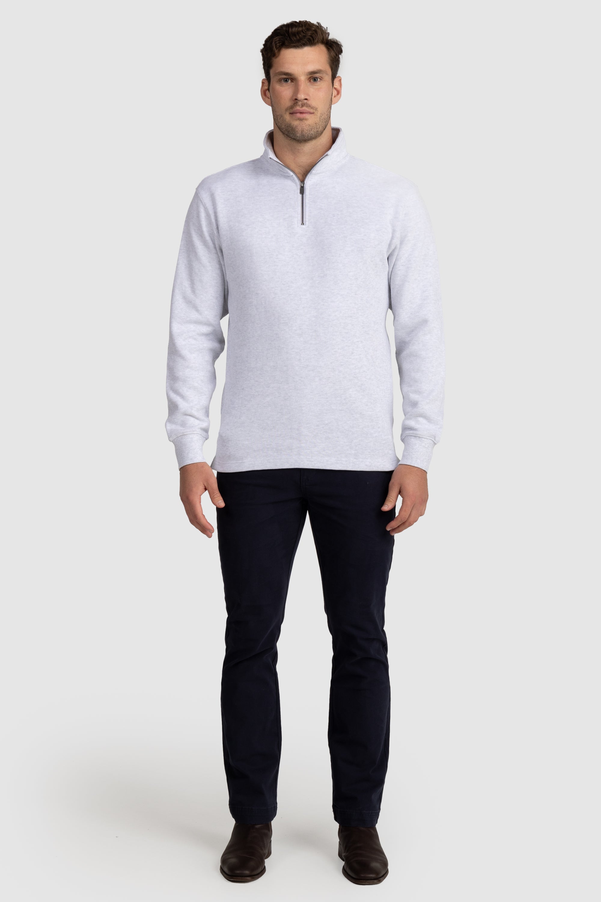 Mens Ribbed Quarter Zip White Marle