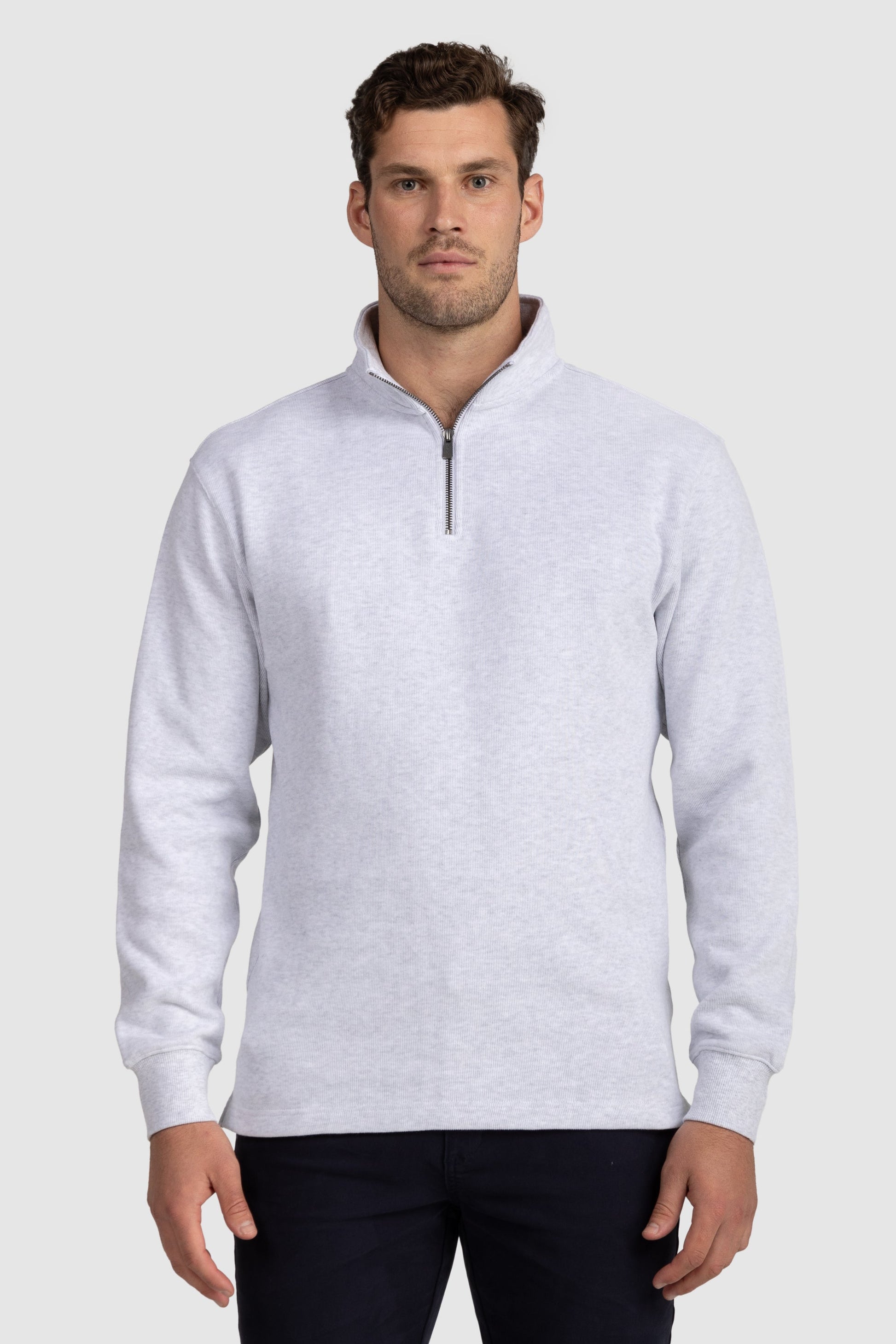 Mens Ribbed Quarter Zip White Marle