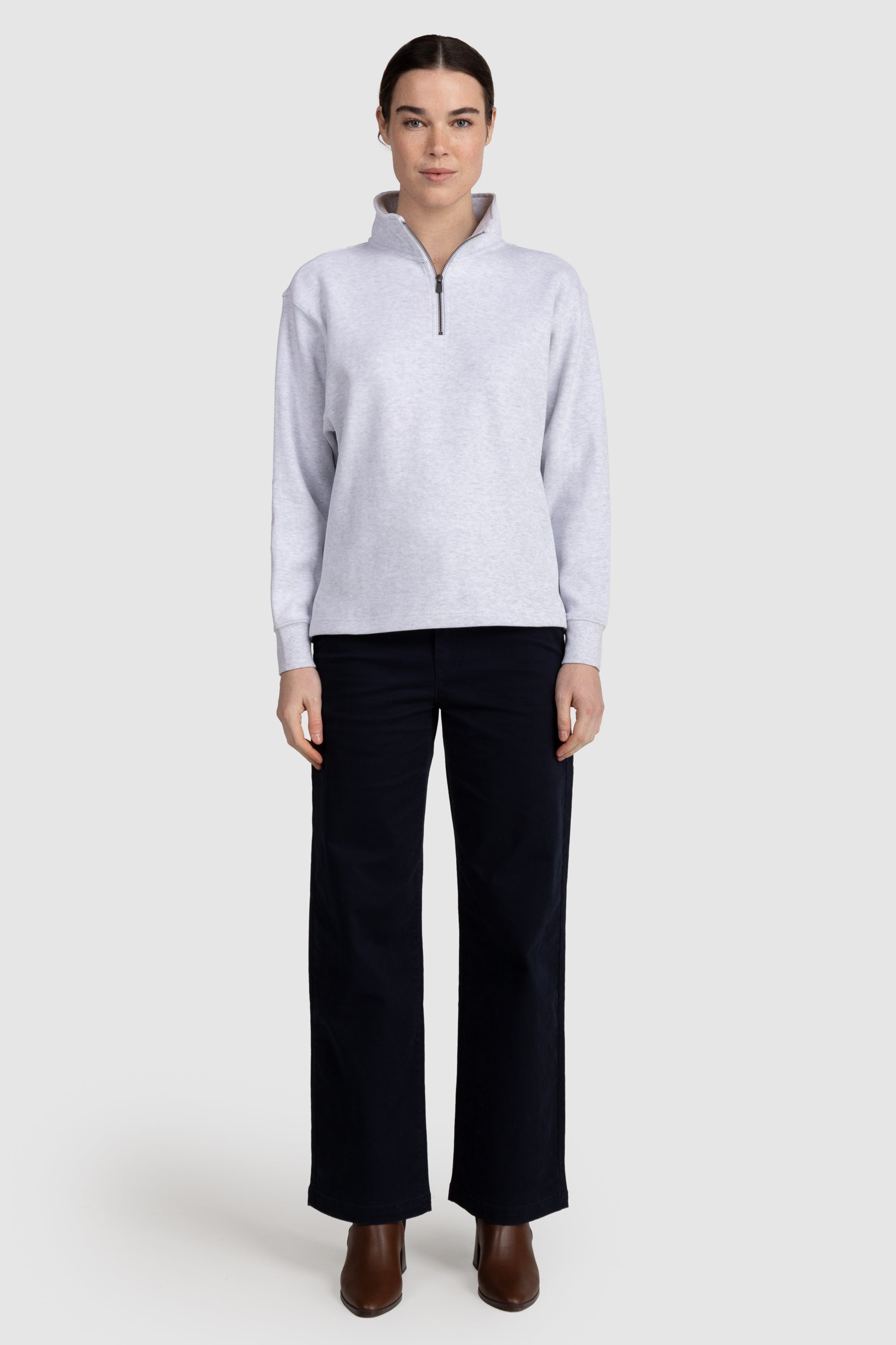 Womens Ribbed Quarter Zip White Marle