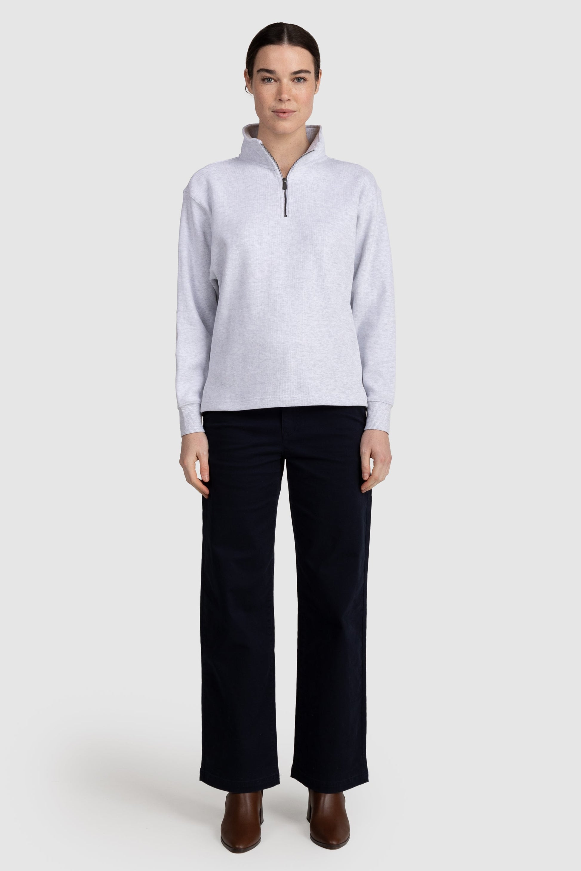 Womens Ribbed Quarter Zip White Marle